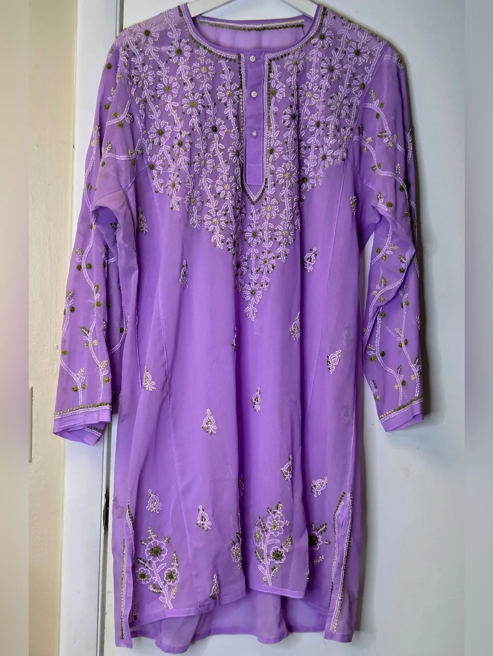 Lucknowi Chikan Hand Embroidered Lilac Sheer Tunic Kurta - Boho Luxe Size 2XL